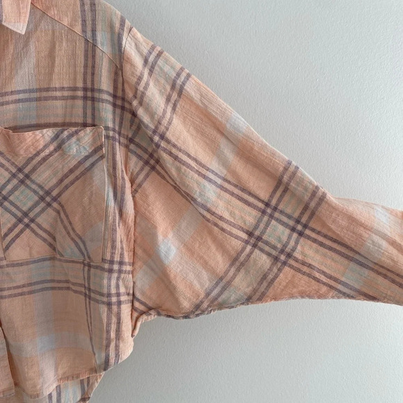 FREE  People Peach purple white Cropped Boxy Fit Wide Sleeve Flannel Shirt S - Picture 6 of 11